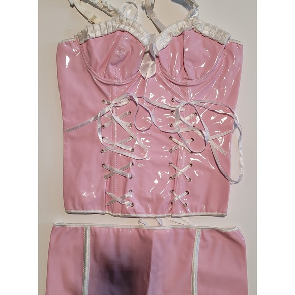 Women Pink & White PVC Bustier Corset Skirt & G-String Medium Back Lacing LB1150 - Picture 2 of 4